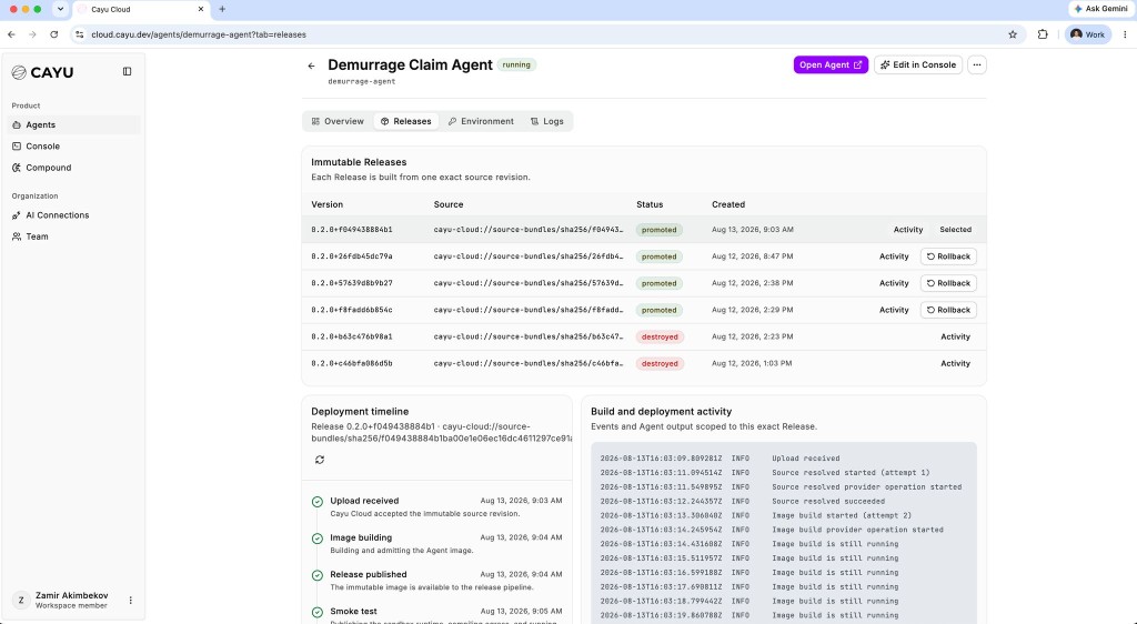 Cayu Cloud Releases view for a Demurrage Claim Agent